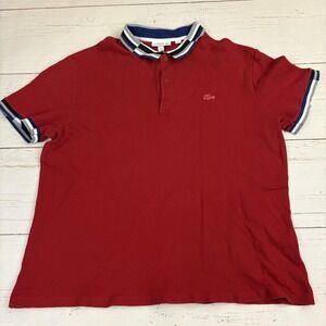 Lacoste Slim Fit Polo Shirt Mens 2XL Red Striped Collar Logo Short Sleeve